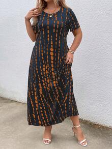 EMERY ROSE Plus Size Women's Loose Short Sleeve Dress With Round Neckline And Pockets, All-Over Print - Multicolor - View 4