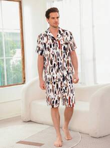 Men's Feather Pattern Printed Short Sleeve And Shorts Homewear Set - Black and White - View 5