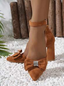 Cute Brown High Heel Pumps With Bow & Rhinestone Buckle Strap For Women - Brown - View 3