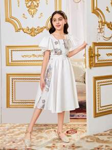 SHEIN Leap Crew 少女花卉印花休閒裙配褶邊下擺和方頸線條 - 白色 - 查看 5