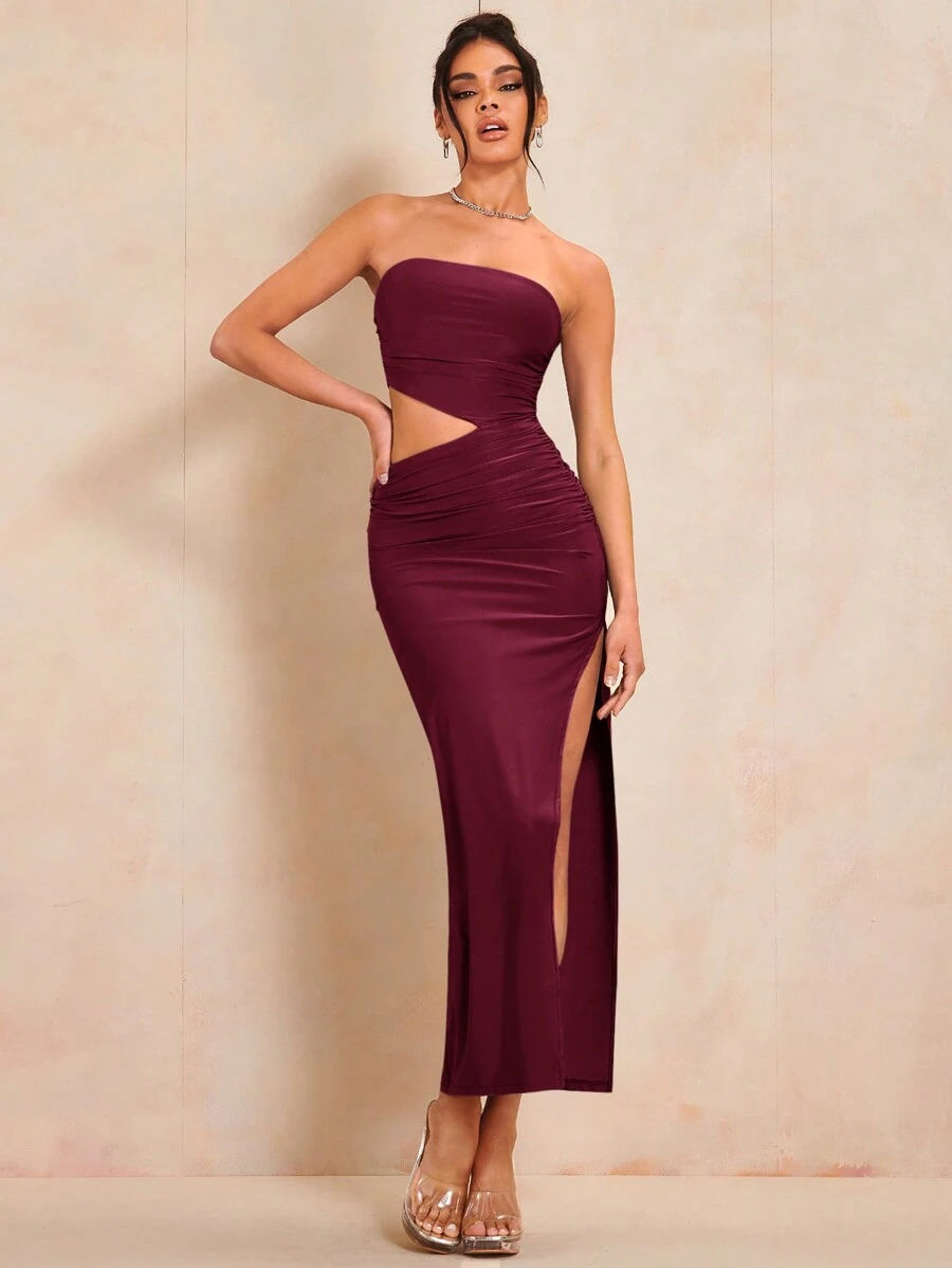 SHEIN BAE Women's Strapless Cutout Waist Pleated Side Slit Dress - Burgundy - View 1