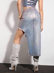 SHEIN BAE 金屬剪裁牛仔裙＆節日服裝＆音樂會服裝＆音樂節 - 藍色 - 查看 2