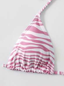 SHEIN Swim Zebra Stripe Print Halter Neck Bikini Top For Swimming, Vacation, Summer Beach - Pink - View 4