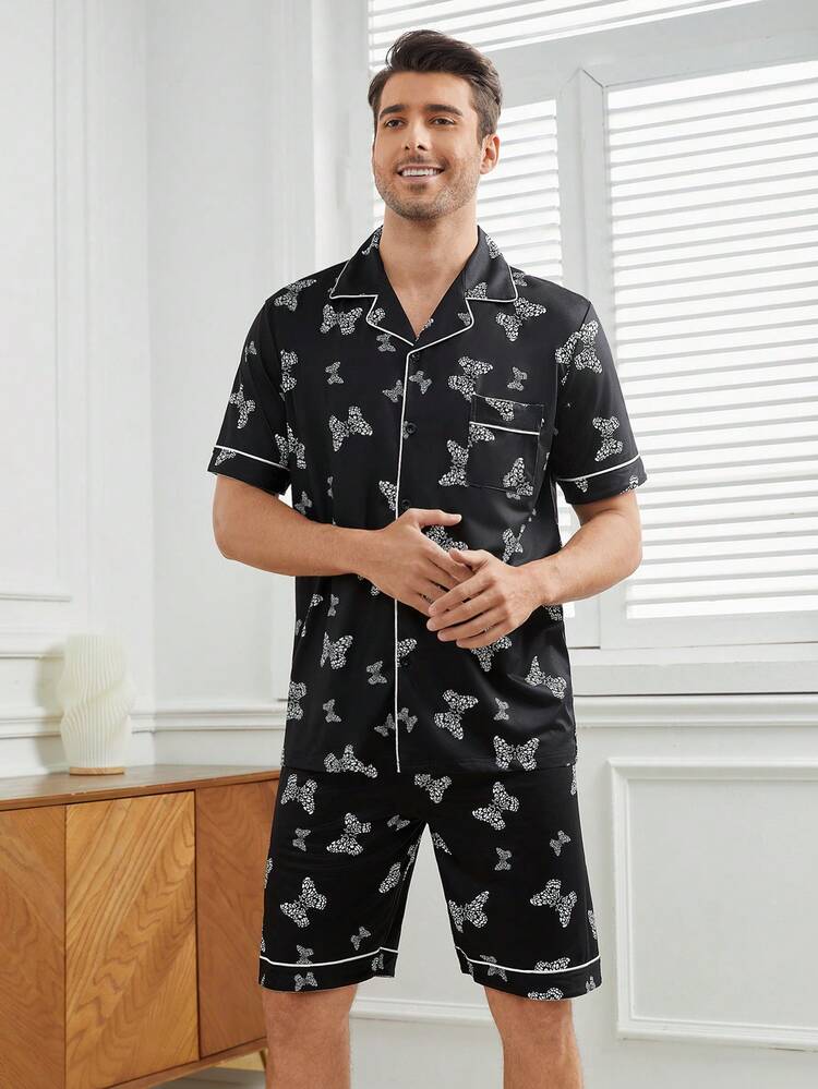 Men's Butterfly Printed Color Block Piping Trim Homewear Set