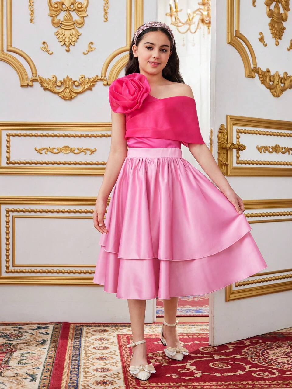 Tween Girl Cute Large Flower Decoration One Shoulder Asymmetric Blouse