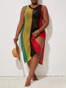 SHEIN Slayr CURVE Summer Beach Plus Size Color Block Hollow Out Knit Cover Up - Multicolor - View 5