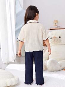 SHEIN Young Girl Loose And Cute Color-Blocking Collar-Turned Short Sleeve Shirt And Wide Leg Pants Pajama Set, 2pcs - Navy Blue - View 6