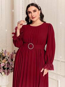 Modelyn Váy xếp ly tay bèo nhún ren màu trơn cỡ lớn màu đỏ tía - Màu Đỏ Sâu - Xem 6