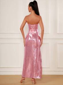 Pink Sequined Strapless Evening Gown With A Thigh Slit - Hot Pink - View 2