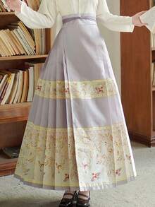 Chinese Style Improved Hanfu Inspired Floral Brocade Embroidered Wrap Skirt - Mauve Purple - View 4