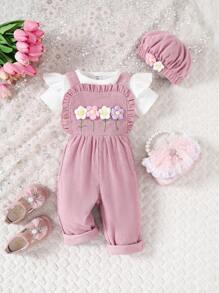 SHEIN Vintaside Kids Baby Girl 2pcs/Set Corduroy Embroidered Jumpsuit With 3d Floral Details And Matching Hat - Pink - View 3