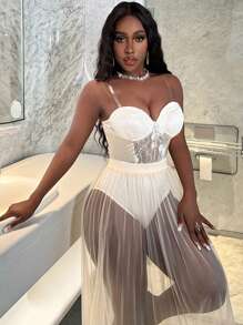 Slaydiva Zomer Valentijnsdag Tube BH Verpakt Borst Cup Kant Gesplitst Satijn Wit Abrikoos Kleur Strakke Damesbodysuit