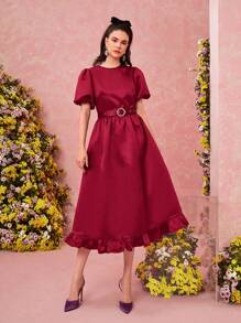 Modelyn Đầm dạ hội dài cổ tròn tay bồng bèo nhún màu trơn - Đỏ - Xem 5