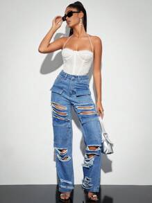 SHEIN BAE Vaqueros De Pernera Recta Con Rotos Y Agujeros