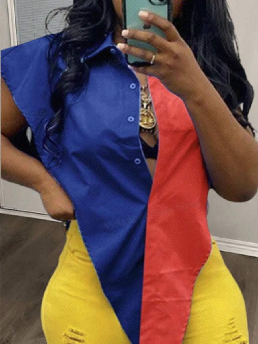 Slaydiva 女式對比綁帶腰身衫 - 彩色 - 查看 1