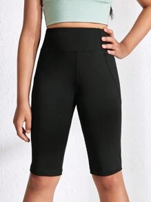 SHEIN Shorts Deportivos Simples Y Ajustados Para Niñas Preadolescentes - Negro - Ver 3