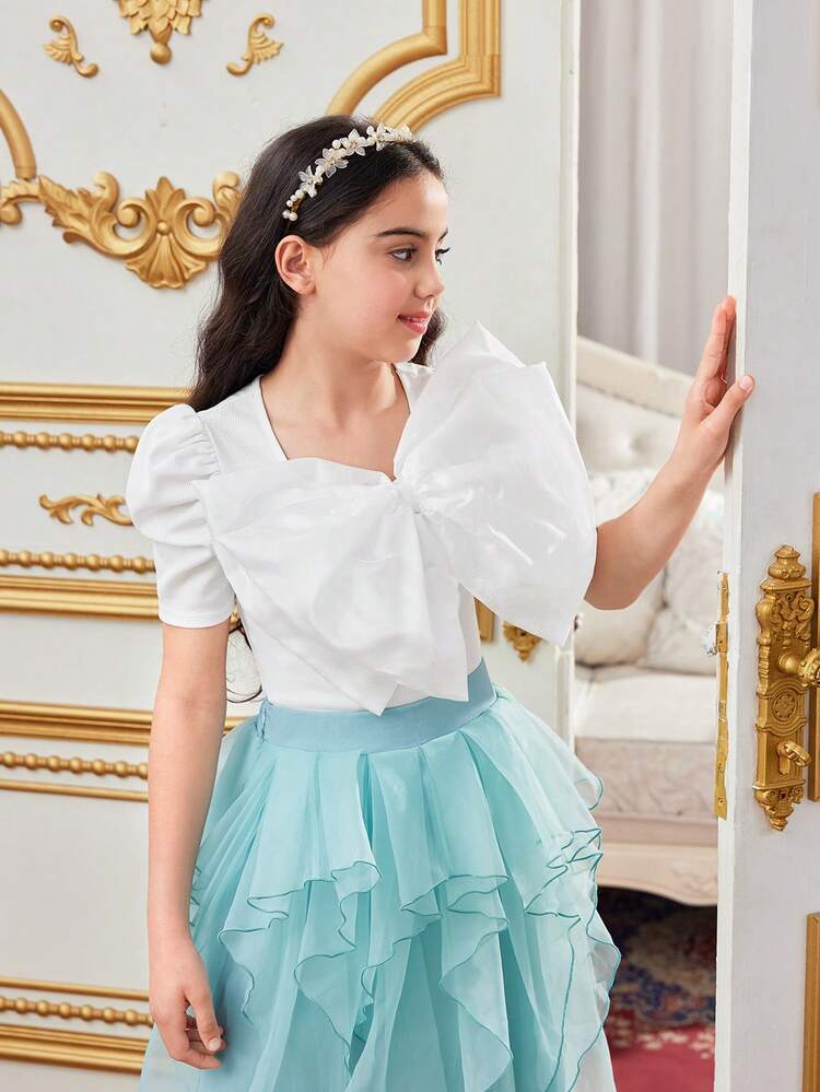 Tween Girl Adorable Bow Decorated Short Sleeve Solid Color T-Shirt