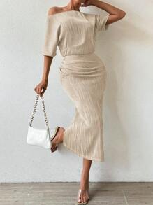 Chiquease Ladies' Elegant Asymmetrical Shoulder Dress - Apricot - View 4