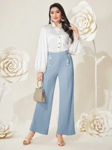 Modelyn 女式純色裝飾鈕設計休閒長褲 - 藍色 - 查看 4