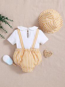 SHEIN Bộ đồ sơ sinh cho bé trai - Quần yếm kẻ sọc chữ cái, áo tay ngắn cổ Peter Pan và mũ - Màu vàng - Xem 2