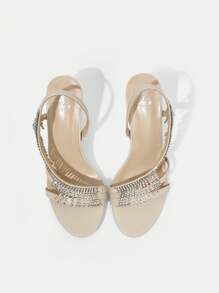 SheIn Belle Women's Fashionable Round-Toe Rhinestone High Heel Sandals With Thin Heel - Beige - View 5