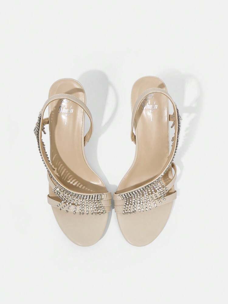 Women's Fashionable Round-Toe Rhinestone High Heel Sandals With Thin Heel