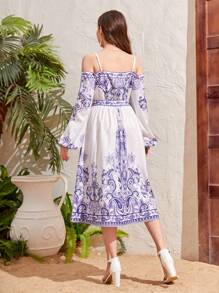 SHEIN Teen Girl Elegant Lantern Sleeve V-Neck Wrap Belted Guava Printed Dress - Blue - View 2