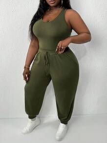 Slaydiva 大码休闲日常穿着弹力针织纯色平缝绿色 U 领背心和裤子两件套 - 軍綠色 - 查看 6