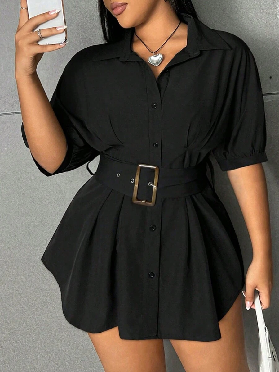 Flirla Kích thước lớn Của phụ nữ Single-breasted Ngắn tay Giải trí Làm việc Áo sơ mi - màu đen - Xem 1