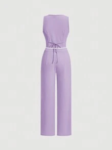 SHEIN MOD Lilac Date Night Front Buckle V-Shaped Hem Solid Button Front Vest Jacket & Seam Front Pants Two Pieces Set - Mauve Purple - View 2