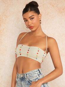 SHEIN BAE 女式背帶繫帶&領繫式短款針織上衣 - 杏色 - 查看 1