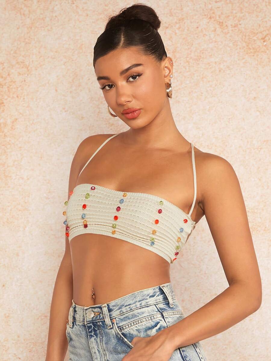 SHEIN BAE 女式背帶繫帶&領繫式短款針織上衣 - 杏色 - 查看 1