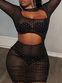 Slaydiva Rhinestone Studded Cut Out Front Bodycon Dress - Black - View 1