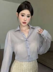 Dazy Designer 女式配領長袖襯衫,後開叉設計 - 紫色 - 查看 2