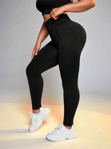 Easithlete Plus Size Seamless Overlapping Waistband Yoga Sports Leggings - Black - View 2