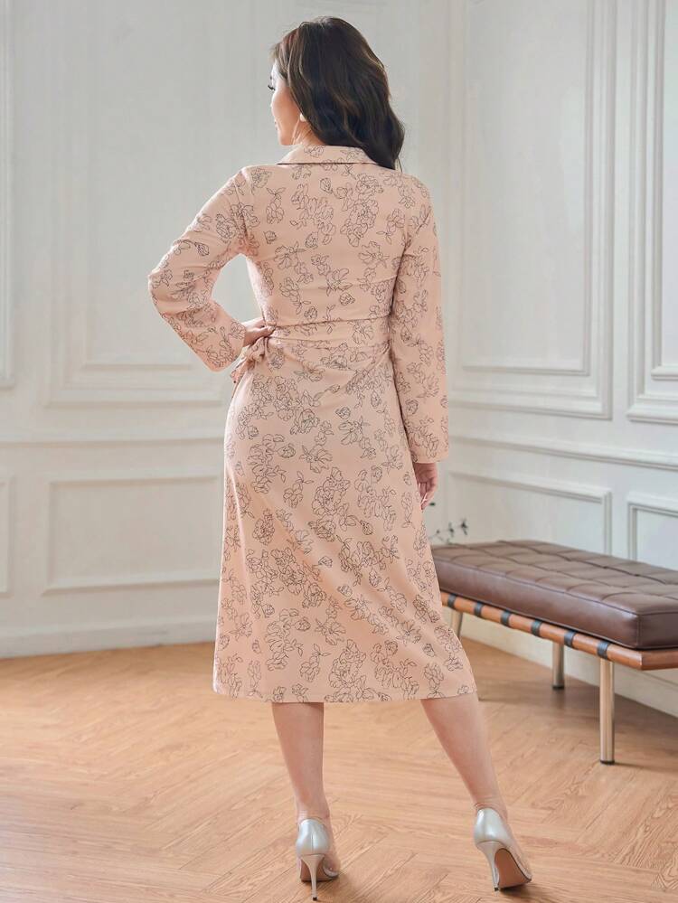 Floral Print Turn-Down Collar Tie Waist Dress Shirt Dress,Fall Dress Long Sleeve Dress