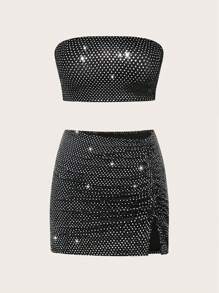 EgrlEra Bộ đồ không dây đính đá và váy cạp cao cho nữ trang phục câu lạc bộ Y2K Outfit - màu đen - Xem 1