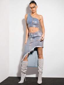 SHEIN BAE 金屬剪裁牛仔裙＆節日服裝＆音樂會服裝＆音樂節 - 藍色 - 查看 1