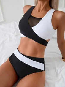 SHEIN Swim Conjunto de bikini con bloques de color y empalme de malla para dama, conjunto de bikini, traje de baño, atuendo de playa, traje de baño para festival de música de verano, verano playa