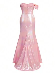 SHEIN Belle Vestido De Noche Estilo Metálico Con Cuello Descubierto Hombros Y Cintura Plisada Con Detalle Decorativo De Flores Realista - Rosa - Ver 8