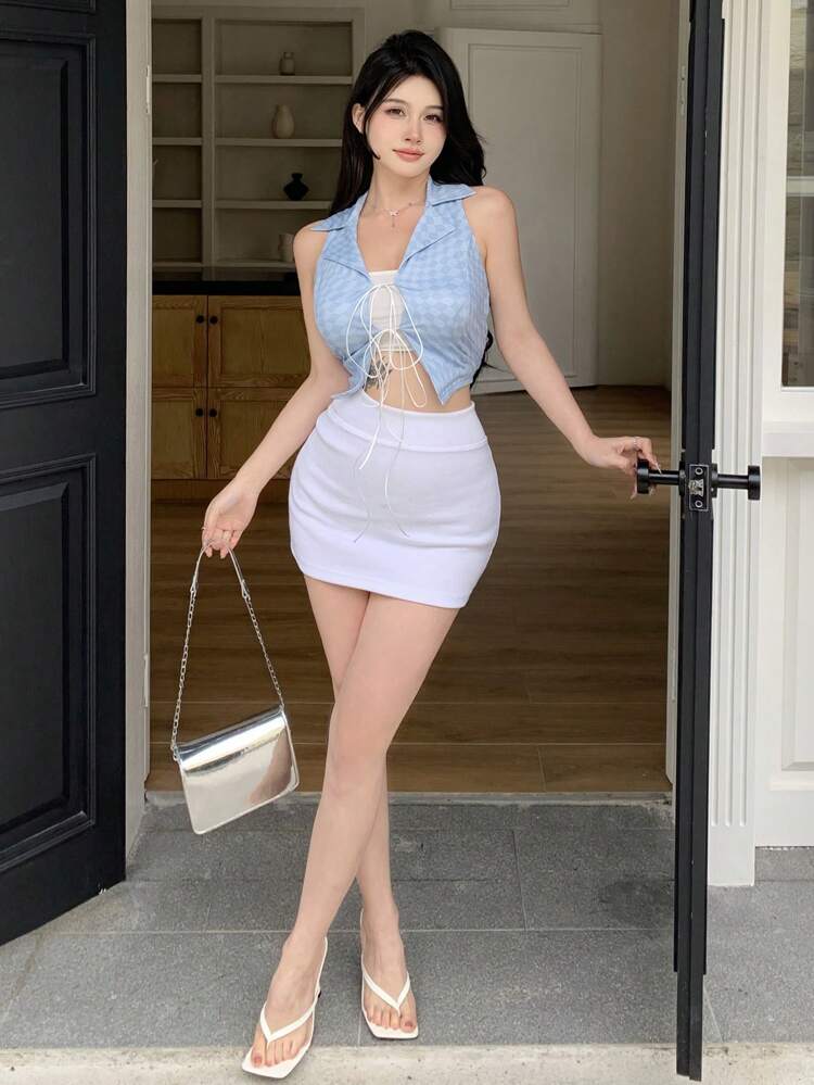 Women's Fashionable Plaid Drawstring Tie Collared Tank Top Sexy Women Tops