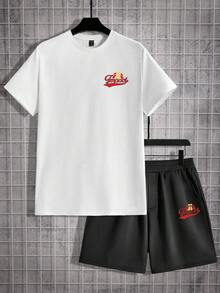 Manfinity Hypemode Dệt kim Nam In thư Ngắn tay Áo thun Và Bộ quần short - Đen và trắng - Xem 1