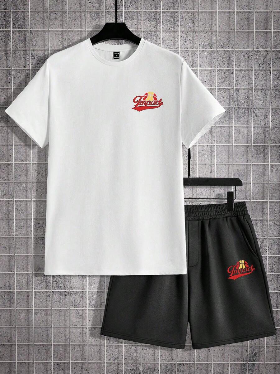 Manfinity Hypemode Dệt kim Nam In thư Ngắn tay Áo thun Và Bộ quần short - Đen và trắng - Xem 1