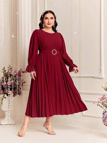 Modelyn Váy xếp ly tay bèo nhún ren màu trơn cỡ lớn màu đỏ tía - Màu Đỏ Sâu - Xem 4