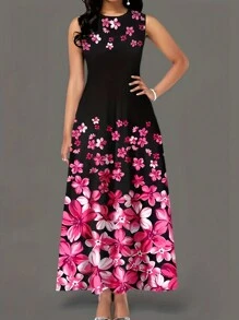 女士休闲无袖圆领印花连衣裙 粉色 度假 夏季 优雅 - 粉色 - 查看 1