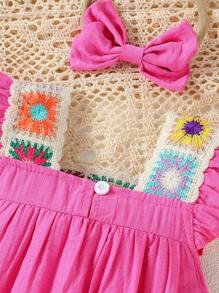 Baby Girl Simple & Cute Summer New Style Knitted Cap Sleeve Dress - Hot Pink - View 4