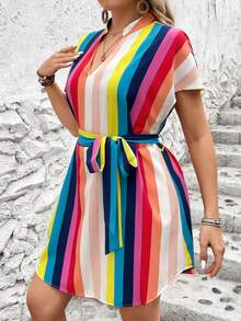 SHEIN Holidaya Plus Size Sọc đầy màu sắc & Váy thắt lưng tay cánh dơi in màu va chạm - Nhiều màu - Xem 5