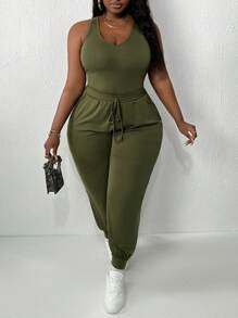 Slaydiva 大码休闲日常穿着弹力针织纯色平缝绿色 U 领背心和裤子两件套 - 軍綠色 - 查看 4