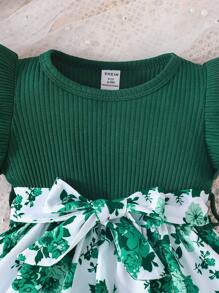 Baby Girl Short Flutter Sleeve Dress With Ribbed Collar And Floral Print Panel - Dark Green - View 3