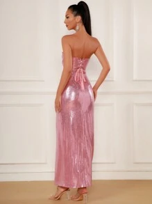 Pink Sequined Strapless Evening Gown With A Thigh Slit - Hot Pink - View 5